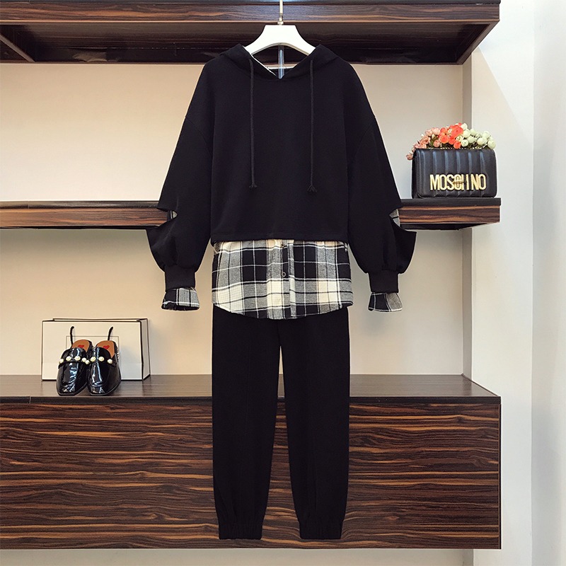 品牌折扣店商場專櫃撤櫃女裝尾貨清倉秋冬遮肚子拼格衛衣兩件套女-細節圖2