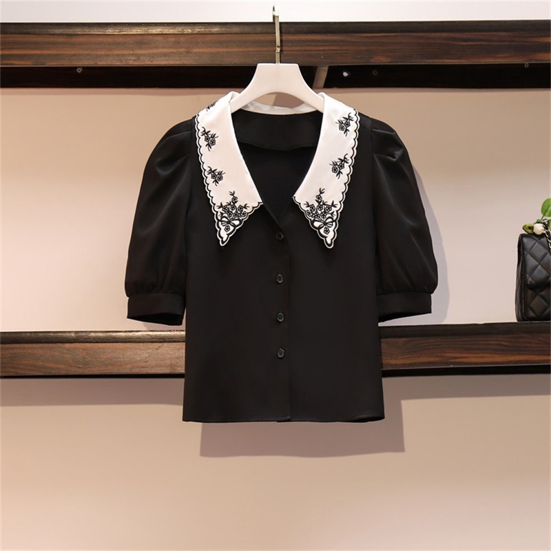 品牌折扣店商場專櫃撤櫃女裝尾貨清倉夏季復古刺繡泡泡袖短款襯衫-細節圖2