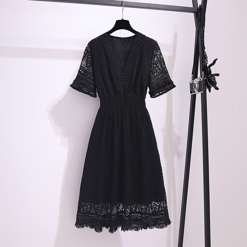 品牌折扣店商場專櫃撤櫃女裝尾貨清倉夏季胖妹妹蕾絲短袖連衣裙女-細節圖3
