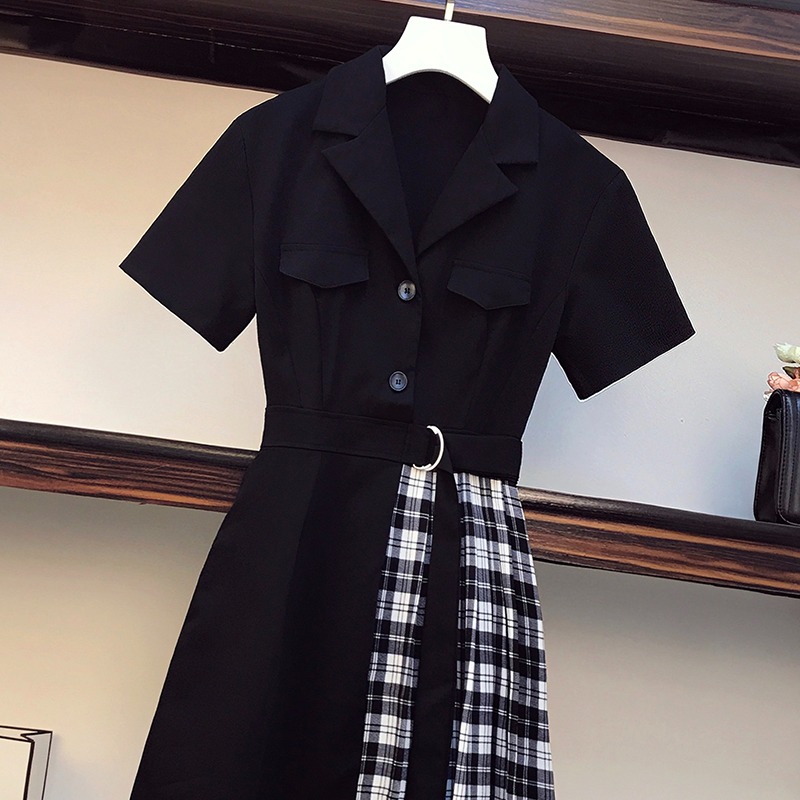 品牌折扣店商場專櫃撤櫃女裝尾貨清倉夏季格子拼接顯瘦西裝連衣裙-細節圖4