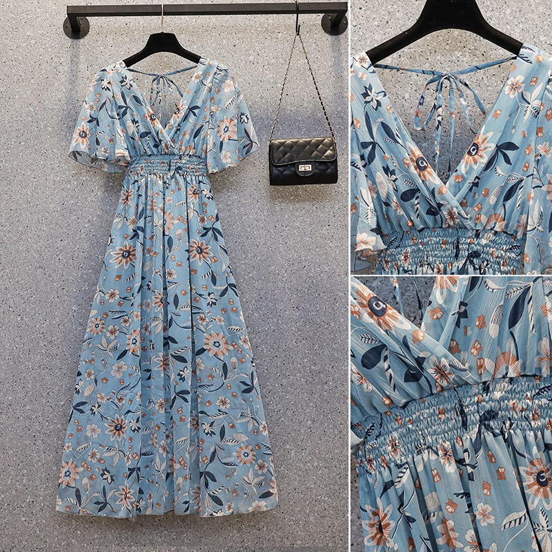 品牌折扣店商場專櫃撤櫃女裝尾貨清倉夏季洋氣減齡短袖碎花連衣裙-細節圖4