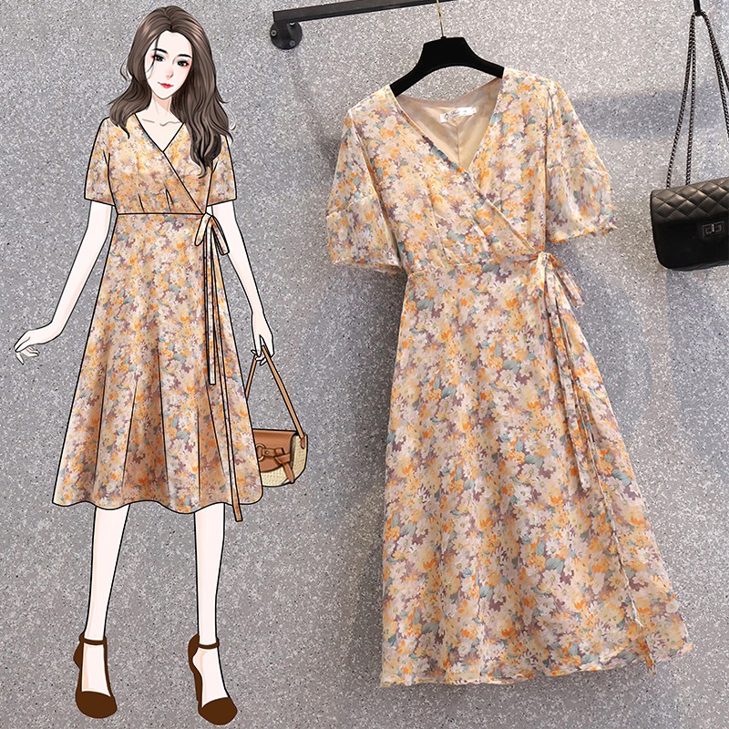 品牌折扣店商場專櫃撤櫃女裝尾貨清倉夏季洋氣碎花顯瘦短袖連衣裙-細節圖3