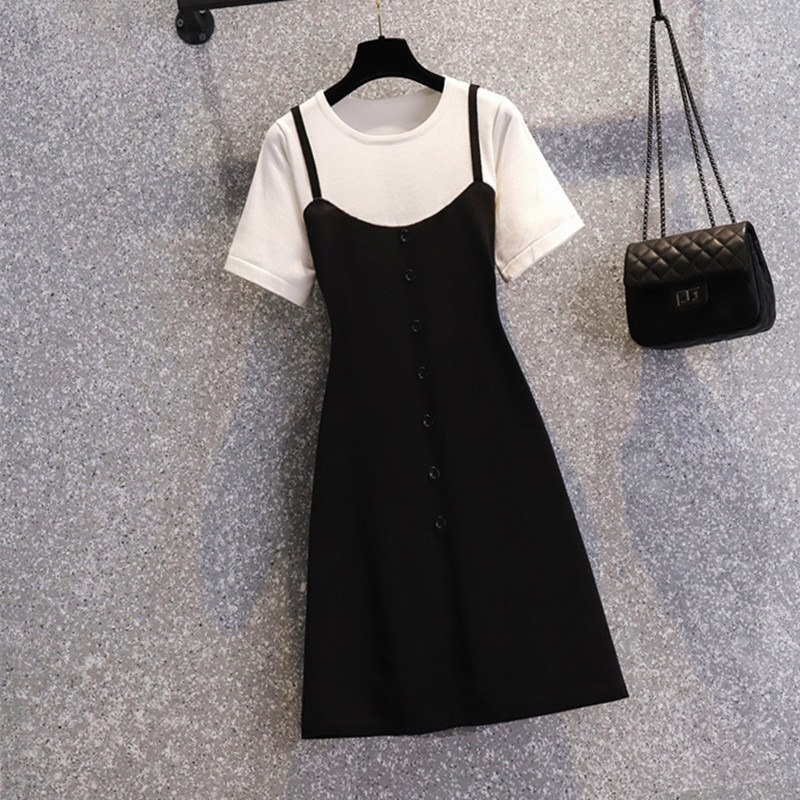 品牌折扣店商場專櫃撤櫃女裝尾貨清倉夏裝遮肚子假兩件短袖連衣裙-細節圖3