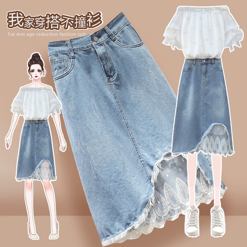 品牌折扣店商場專櫃撤櫃女裝尾貨清倉夏裝高腰蕾絲拼接牛仔半身裙-細節圖4