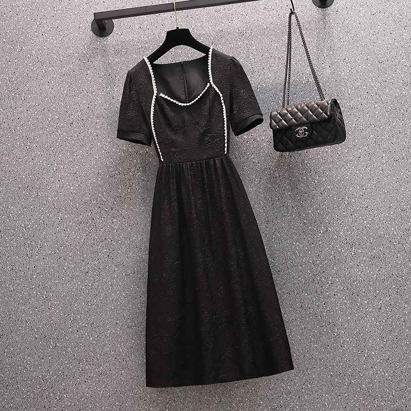 品牌折扣店商場專櫃撤櫃女裝尾貨清倉夏裝赫本風方領短袖連衣裙子-細節圖4
