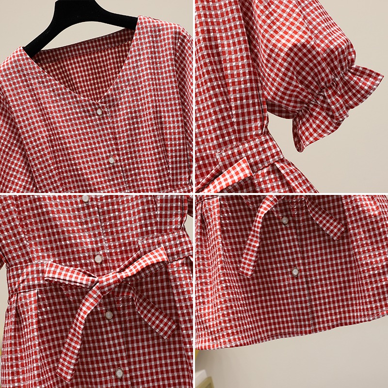 品牌折扣店商場專櫃撤櫃女裝尾貨清倉夏裝氣質V領格子短袖襯衫女-細節圖4