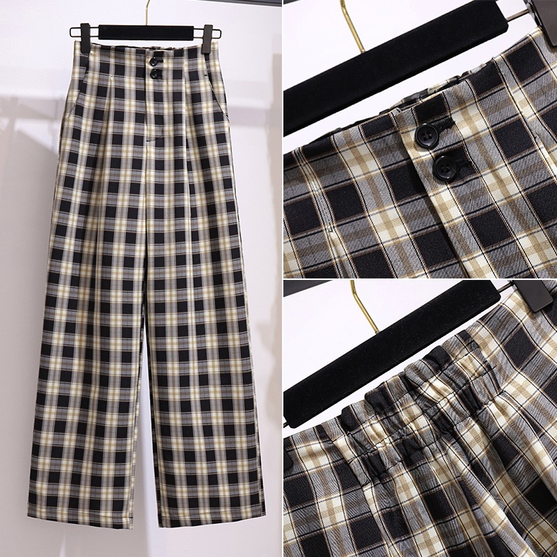 品牌折扣店商場專櫃撤櫃女裝尾貨清倉夏裝高腰格子顯瘦闊腿褲子潮-細節圖4