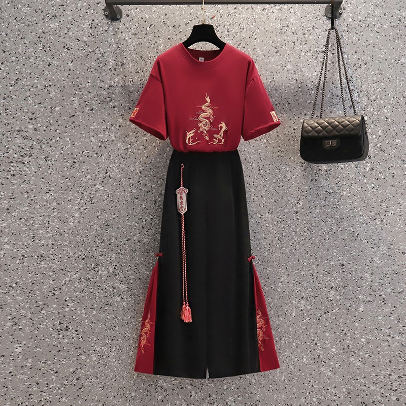 品牌折扣店商場專櫃撤櫃女裝尾貨清倉夏裝刺繡漢服減齡闊腿褲套裝-細節圖2