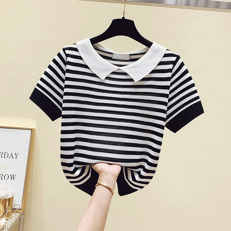 品牌折扣店商場專櫃撤櫃女裝尾貨清倉夏裝娃娃領條紋短袖T恤女潮-細節圖3
