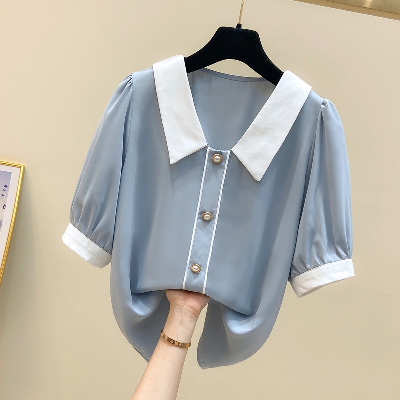 品牌折扣店商場專櫃撤櫃女裝尾貨清倉夏裝娃娃領雪紡短袖襯衫女潮-細節圖2
