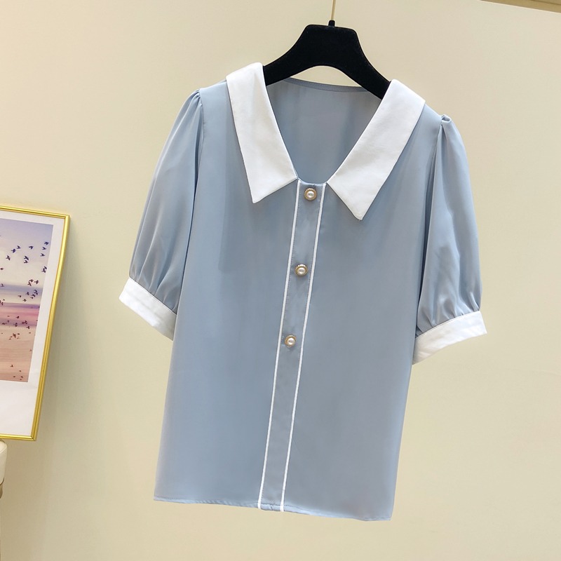 品牌折扣店商場專櫃撤櫃女裝尾貨清倉夏裝娃娃領雪紡短袖襯衫女潮-細節圖5
