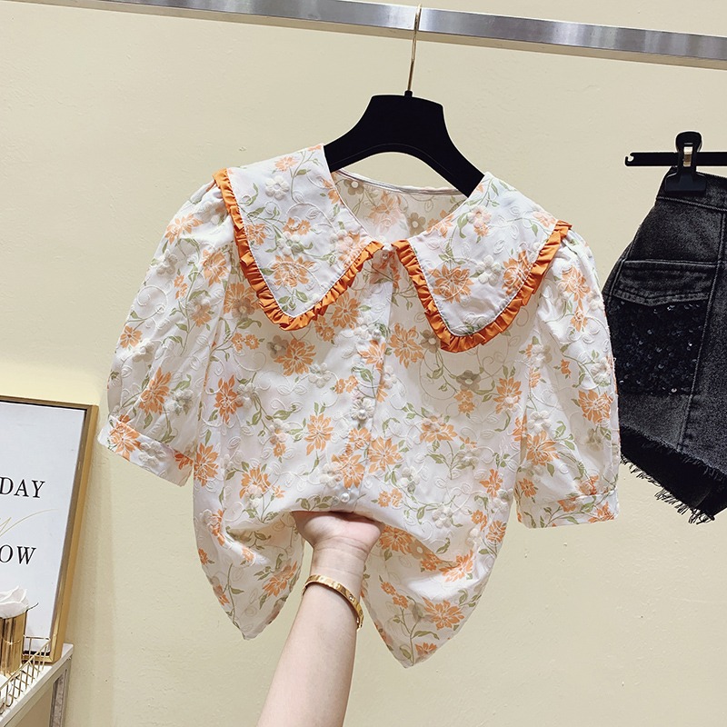 品牌折扣店商場專櫃撤櫃夏裝設計感小眾娃娃領甜美碎花短袖襯衫女-細節圖3