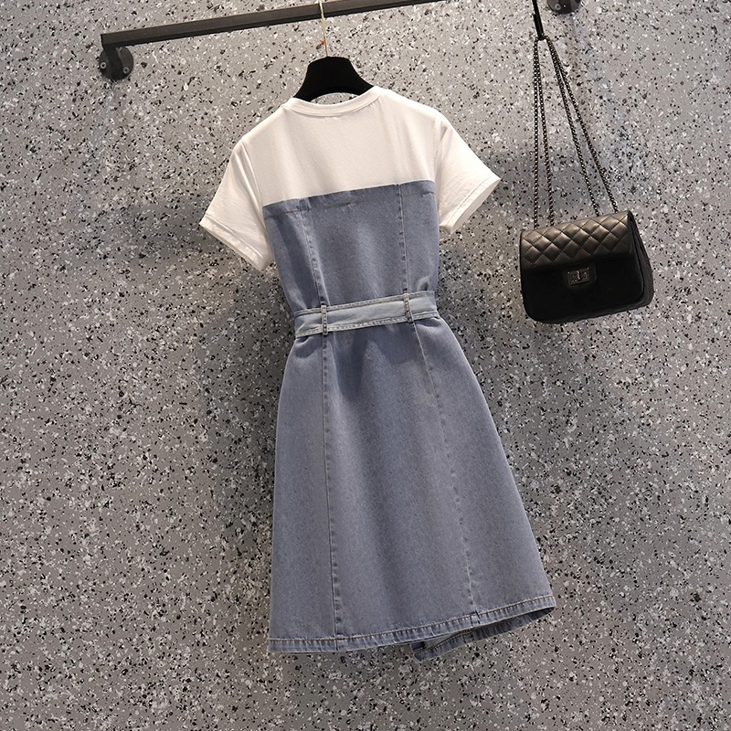 品牌折扣店商場專櫃撤櫃女裝尾貨清倉夏裝復古牛仔拼接短袖連衣裙-細節圖2