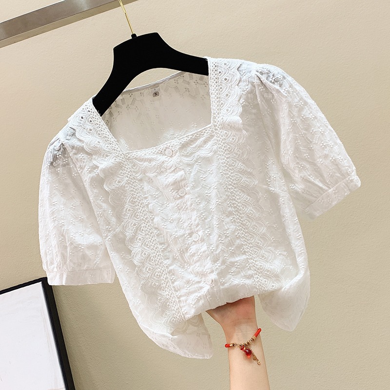 品牌折扣店商場專櫃撤櫃女裝夏裝法式復古泡泡袖蕾絲花邊短袖上衣-細節圖4