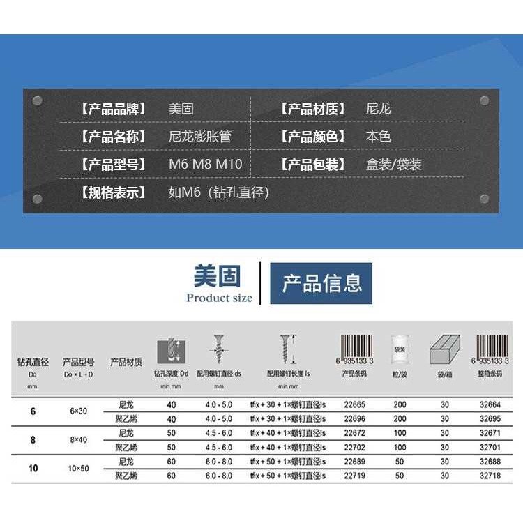包郵美固尼龍膨脹管脹塞膠塞錨栓脹釘墻塞 塑料膨脹螺絲管m6m8m10-細節圖6