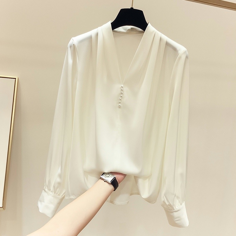 品牌折扣店撤櫃女裝尾貨清倉特價春秋純色V領珍珠長袖雪紡衫上衣-細節圖2