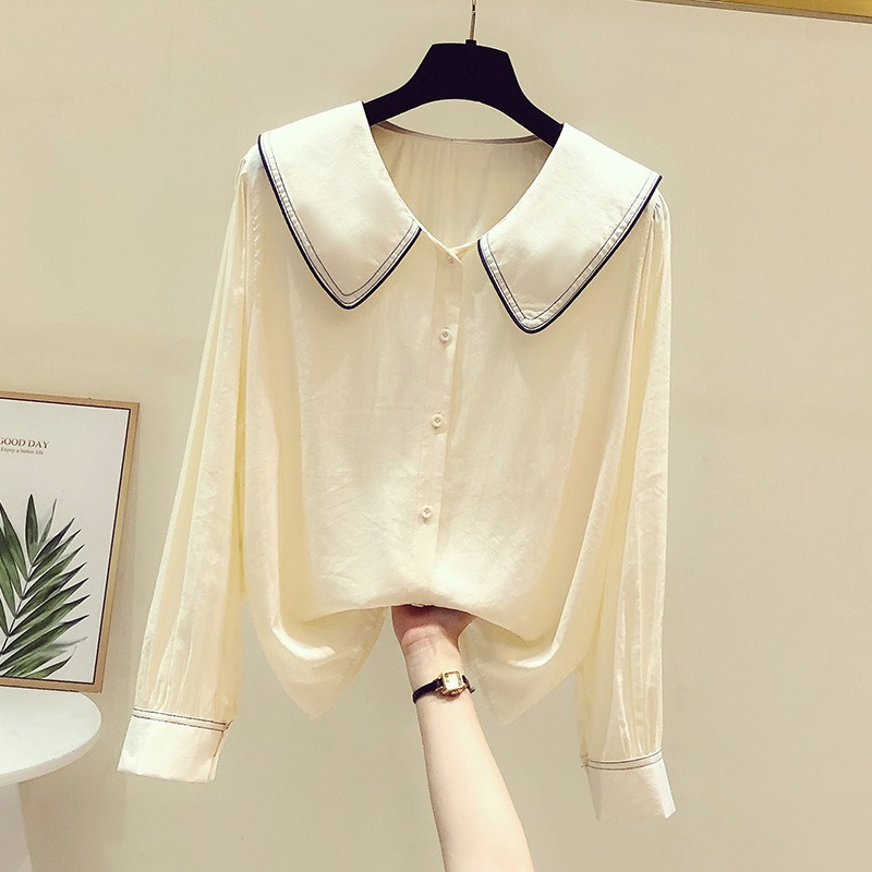 品牌折扣女裝專櫃撤櫃尾貨清倉特價春秋娃娃領百搭減齡長袖襯衫女-細節圖2