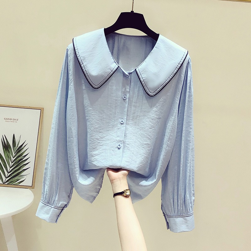 品牌折扣女裝專櫃撤櫃尾貨清倉特價春秋娃娃領百搭減齡長袖襯衫女-細節圖3