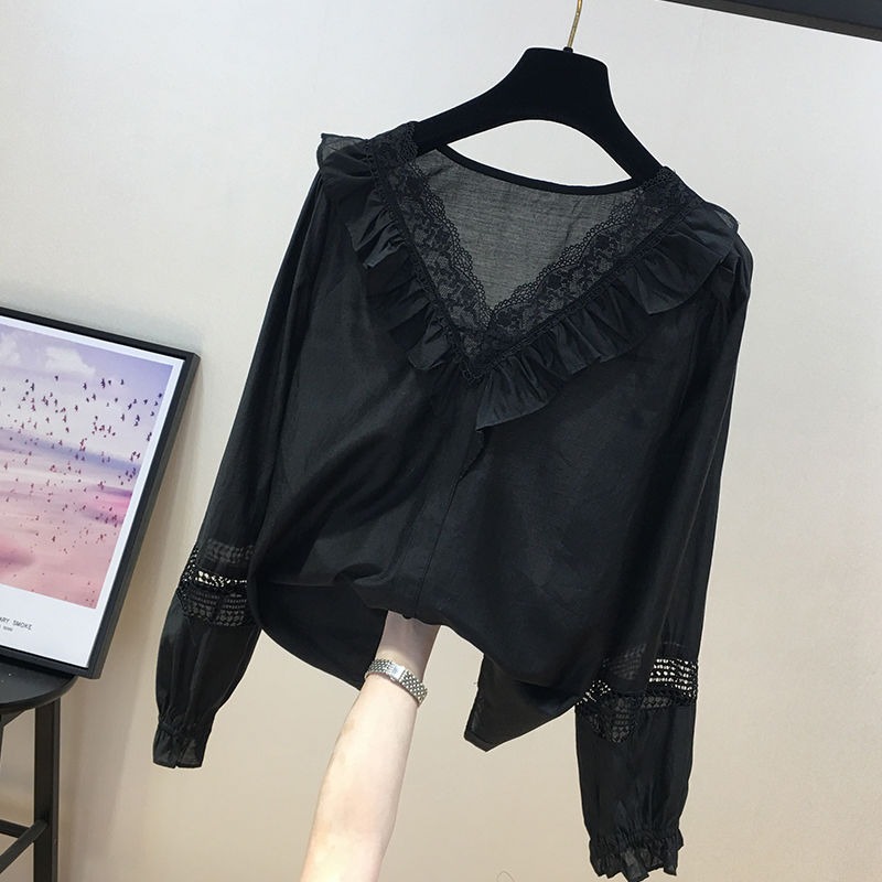 品牌折扣女裝專櫃撤櫃尾貨特價春秋V領荷葉邊拼蕾絲長袖雪紡衫女-細節圖3