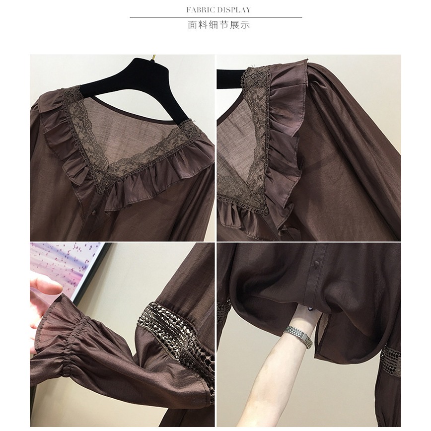 品牌折扣女裝專櫃撤櫃尾貨特價春秋V領荷葉邊拼蕾絲長袖雪紡衫女-細節圖4