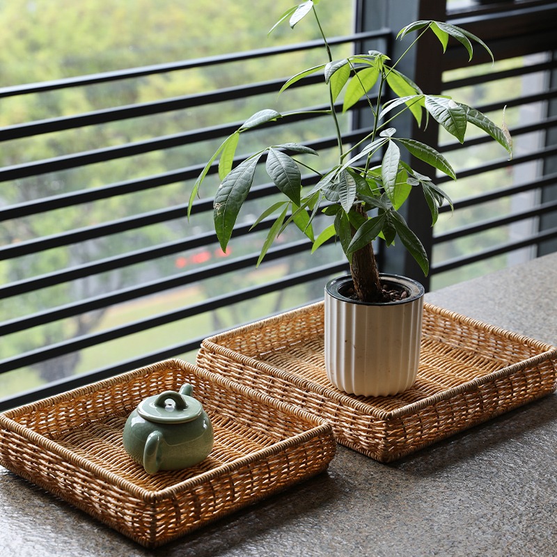 收納託盤日式 仿藤編收納筐麪包果盤籃子 茶幾零食筐洗水果瀝水盤-細節圖5