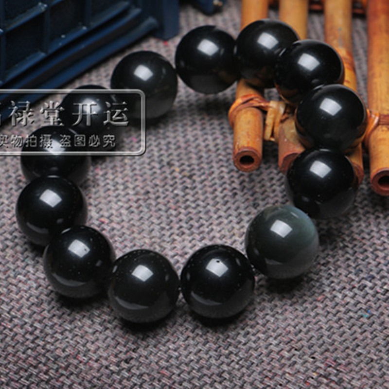 天然純黑烏金黑曜石手串彩虹眼雙眼本命年開運佛珠單圈手鏈飾品-細節圖4