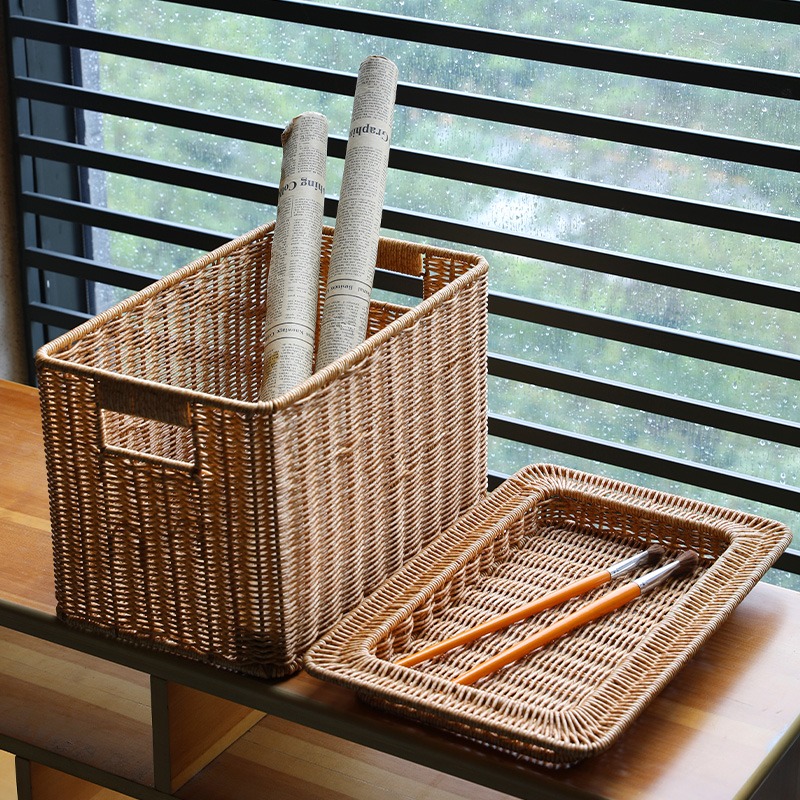 歐式收納箱臥室帶蓋衣物整理箱仿藤編織有蓋收納筐衣櫃儲物收納籃-細節圖2