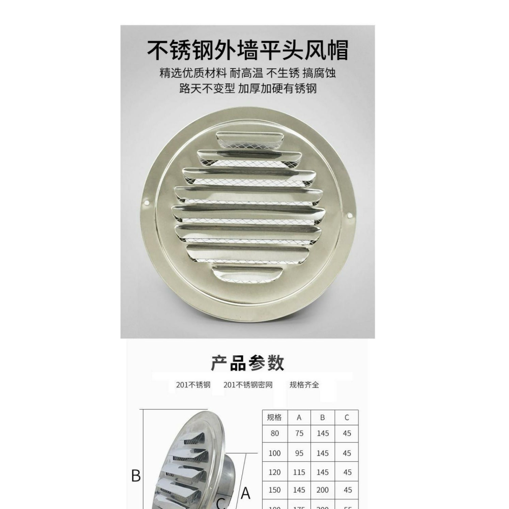125毫米管道口通風防蚊平面罩不銹鋼外墻露天陽臺外氣口蓋100mm16-細節圖6