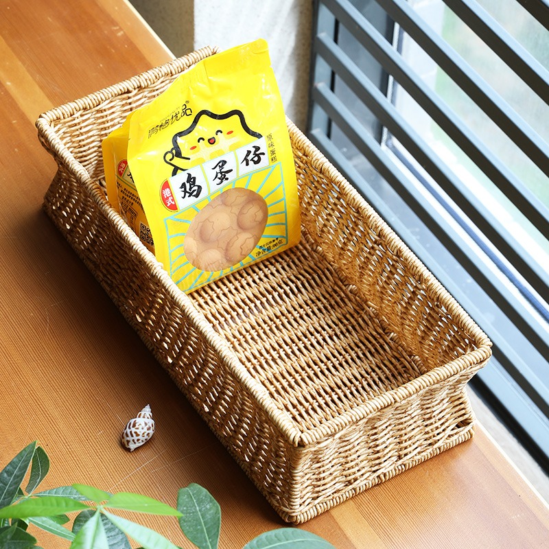 塑料仿藤編織籃子零食收納筐 創意桌面收納籃浴室臥室整理收納盒-細節圖6