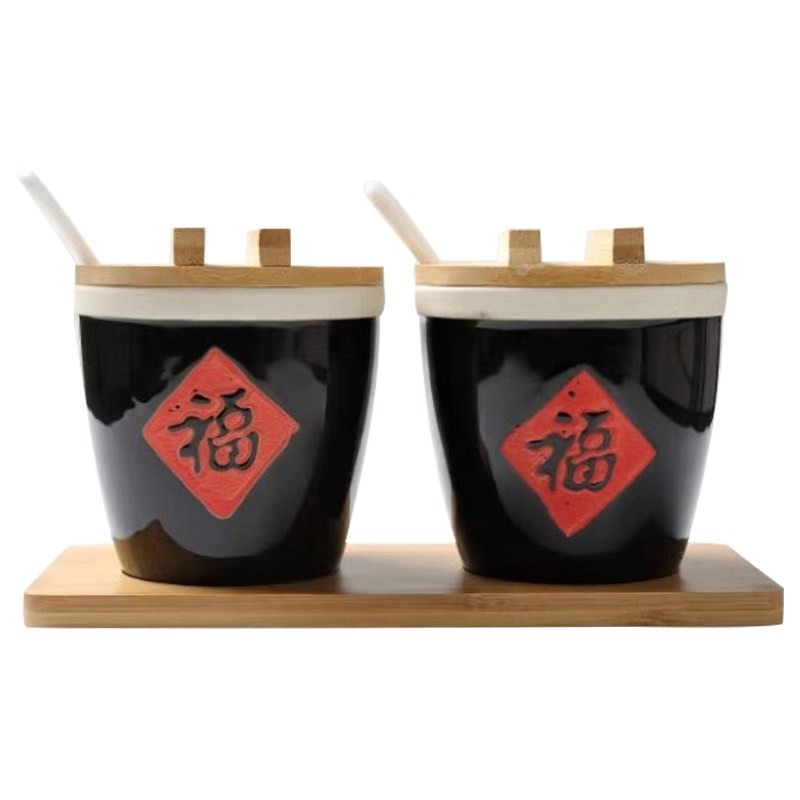 中式創意調味瓶商用廚房陶瓷福字缸帶勺小調料盒鹽辣椒福罐醬鹽罐-細節圖5