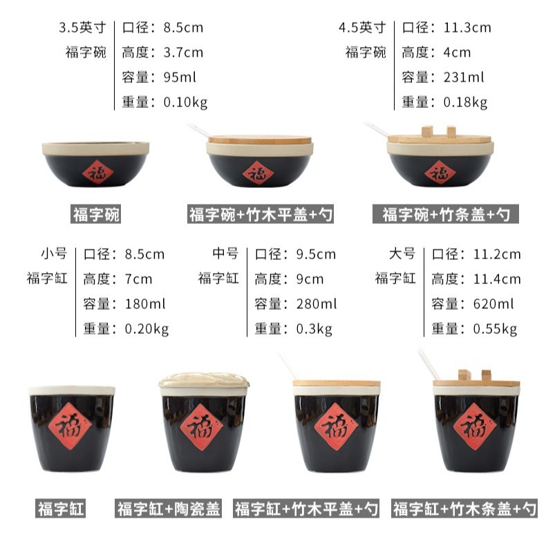中式創意調味瓶商用廚房陶瓷福字缸帶勺小調料盒鹽辣椒福罐醬鹽罐-細節圖8