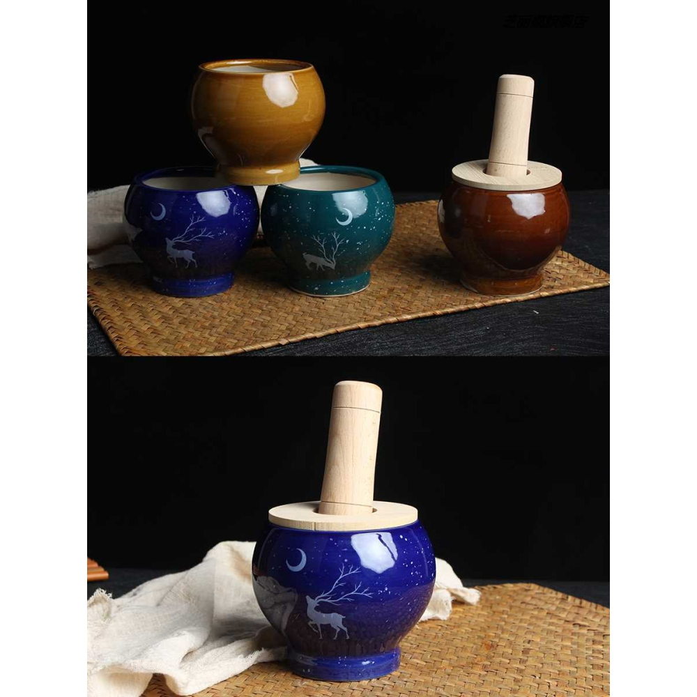 搗蒜器石臼家用陶瓷蒜缸搗蒜罐加厚蒜臼子蒜蓉器木研磨大蒜壓蒜器-細節圖2