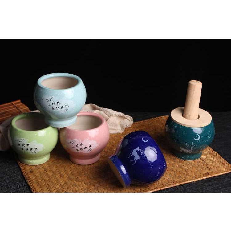搗蒜器石臼家用陶瓷蒜缸搗蒜罐加厚蒜臼子蒜蓉器木研磨大蒜壓蒜器-細節圖7