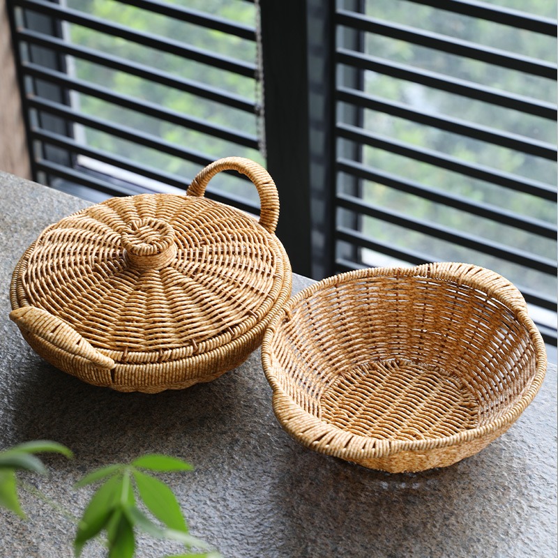 仿藤編乾果盒日式糖果收納盒 家用茶幾點心盒圓形 帶蓋果盤零食筐-細節圖3