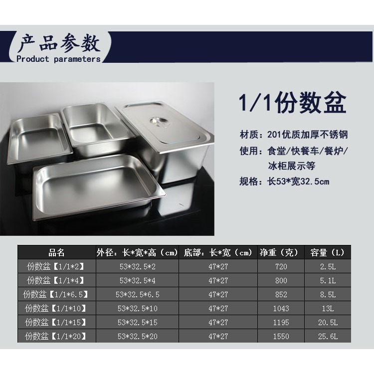 1/1長方形份數盆304不銹鋼盆沖孔盆歐式盆食堂餐盤盆快餐盤食品盆-細節圖3