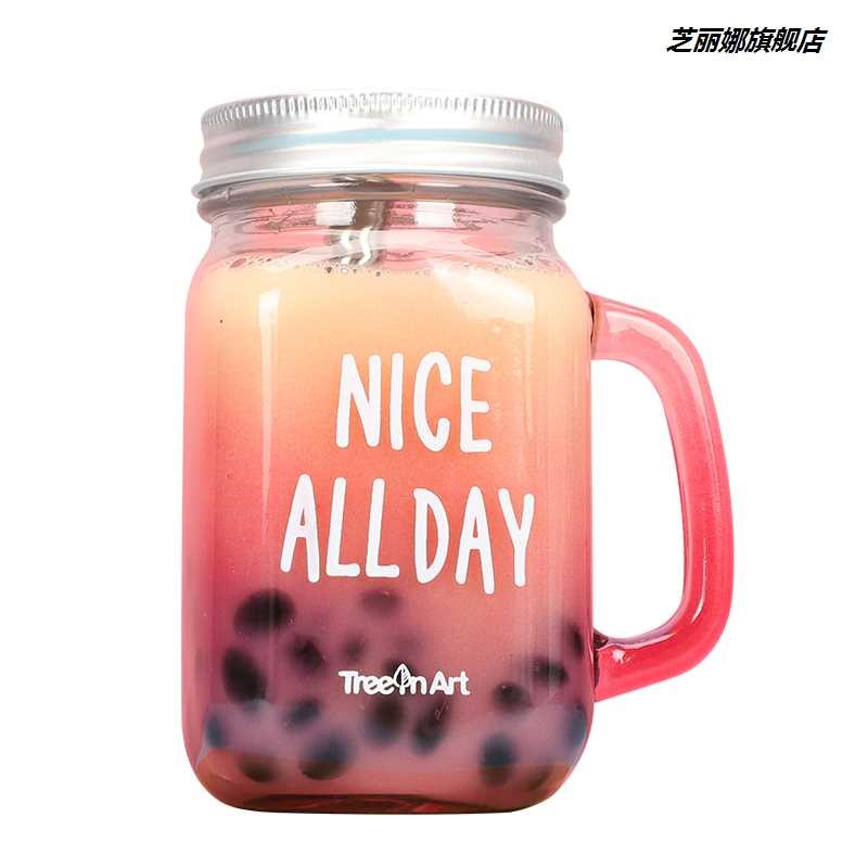梅森杯帶蓋玻璃公雞杯大容量珍珠奶茶帶粗吸管杯果汁飲料帶把水杯-細節圖3