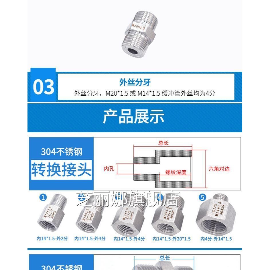 壓力表304不銹鋼內外絲螺紋轉換接頭M14M20*1.5 G1/2/3/8/4分補芯-細節圖7
