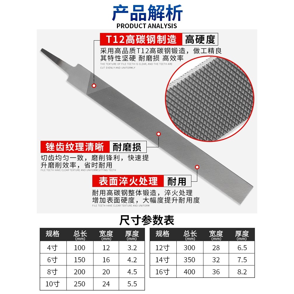 長城精工扁銼 高碳鋼銼扁6寸平粗中細齒平頭木工打磨挫刀五金工具-細節圖3