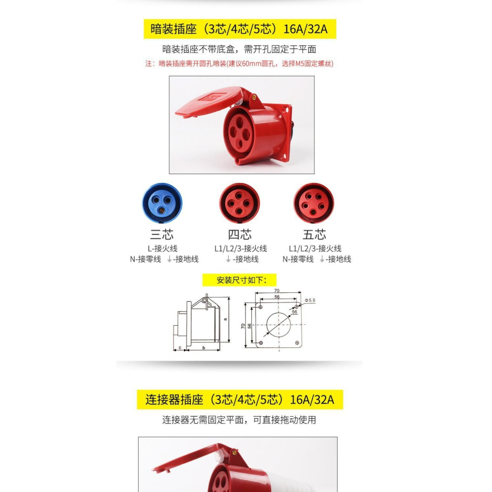 接線器對接加長面板電源插頭圓形電源4芯暗裝三孔工業插頭插座5芯-細節圖9