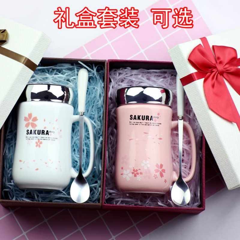 陶瓷瓷杯櫻花辦公室粉女喝水水杯大容量馬克杯禮盒帶蓋勺定製杯子-細節圖2