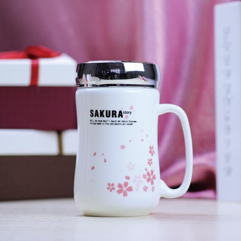 陶瓷瓷杯櫻花辦公室粉女喝水水杯大容量馬克杯禮盒帶蓋勺定製杯子-細節圖9