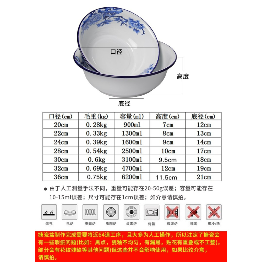 定製搪瓷盆老式家用盆加厚琺瑯盆洗臉盆廚房面盆小號湯盆大號-細節圖6