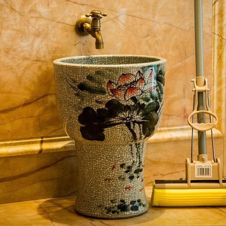 陽臺水池景德鎮復古陶瓷拖把池30cm一體中式拖布盆小號墩布池家用-細節圖2