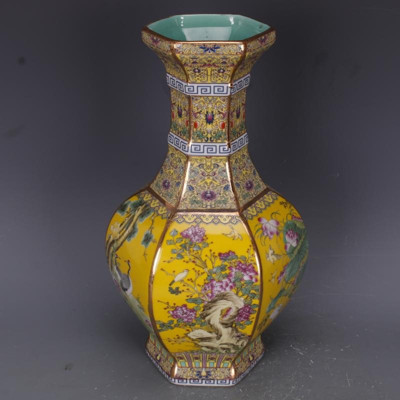 清乾隆描金琺瑯彩花鳥六方賞瓶仿古工藝品瓷器家居中式古玩擺件6-細節圖3