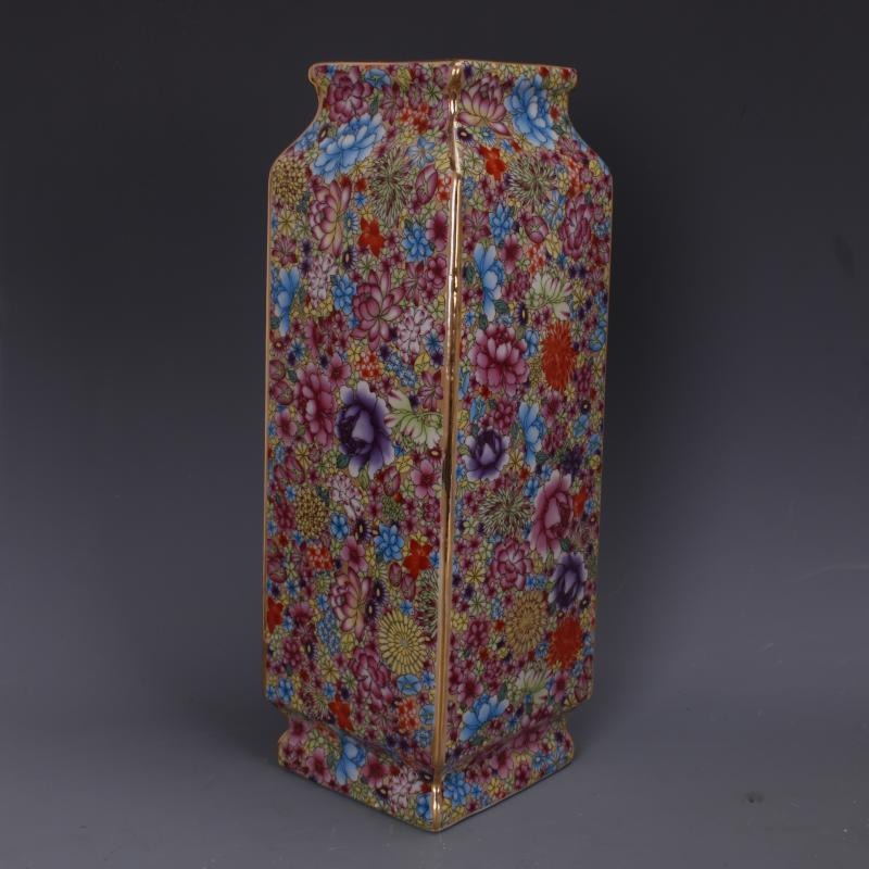 清乾隆描金粉彩萬花紋四方瓶仿古工藝瓷器家居擺件古董古玩收藏-細節圖2