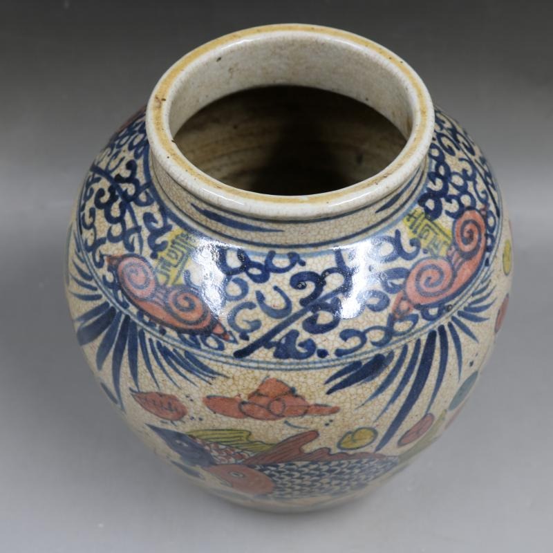 明早期青花釉裏紅魚澡紋壇罐家居用品收藏擺件仿古瓷器古董古玩-細節圖4