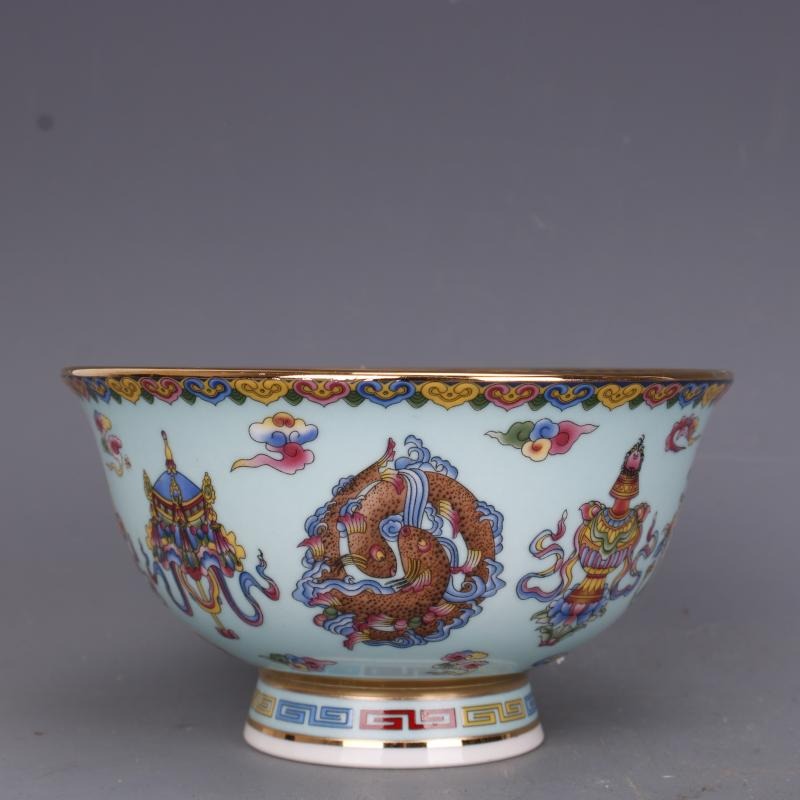清乾隆粉彩描金翡翠地八寶花紋碗仿古工藝品瓷器家居擺件古玩收藏-細節圖2
