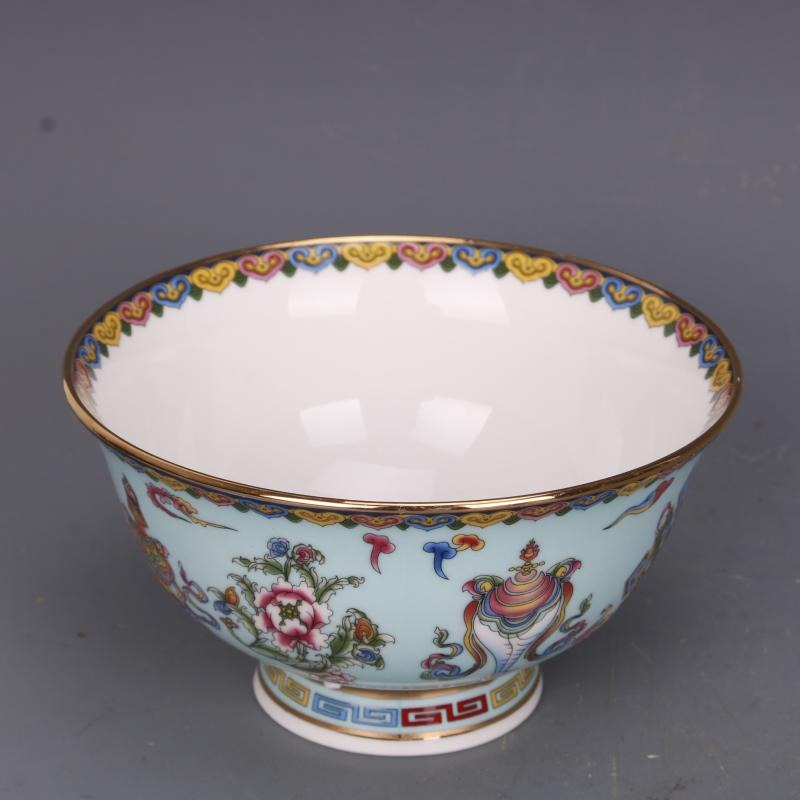 清乾隆粉彩描金翡翠地八寶花紋碗仿古工藝品瓷器家居擺件古玩收藏-細節圖3