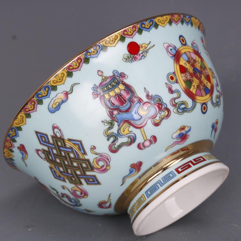 清乾隆粉彩描金翡翠地八寶花紋碗仿古工藝品瓷器家居擺件古玩收藏-細節圖5