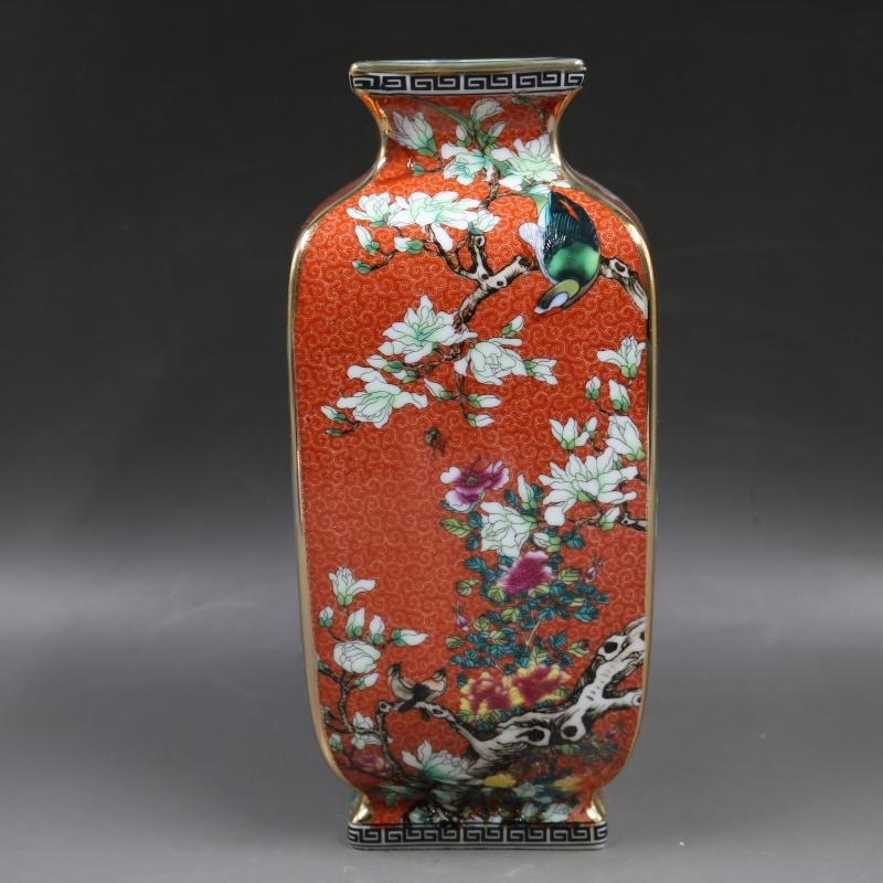 清乾隆紅地琺瑯彩花鳥四方花瓶仿古瓷器家居客廳擺件古董古玩收藏-細節圖3